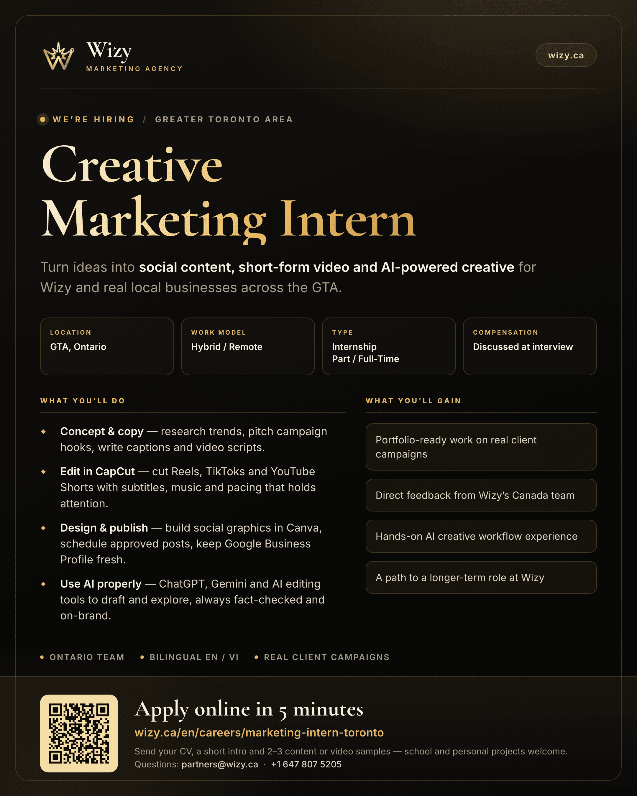 Wizy is hiring a Creative Marketing Intern in the Greater Toronto Area — hybrid or remote, internship, part-time or full-time. Apply at wizy.ca/en/careers/marketing-intern-toronto.