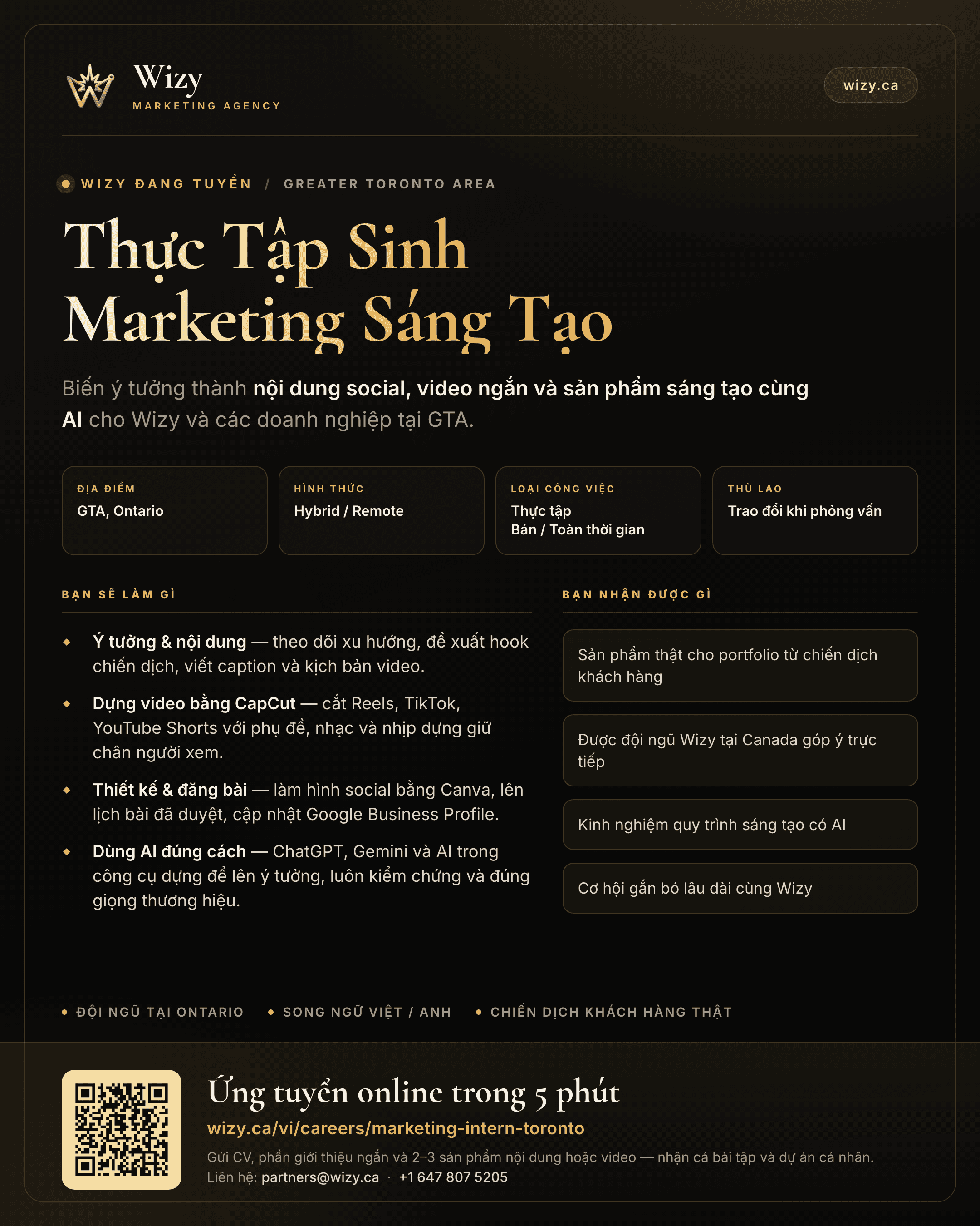 Wizy tuyển Thực Tập Sinh Marketing Sáng Tạo tại Greater Toronto Area — hybrid hoặc remote, thực tập, bán thời gian hoặc toàn thời gian. Ứng tuyển tại wizy.ca/vi/careers/marketing-intern-toronto.