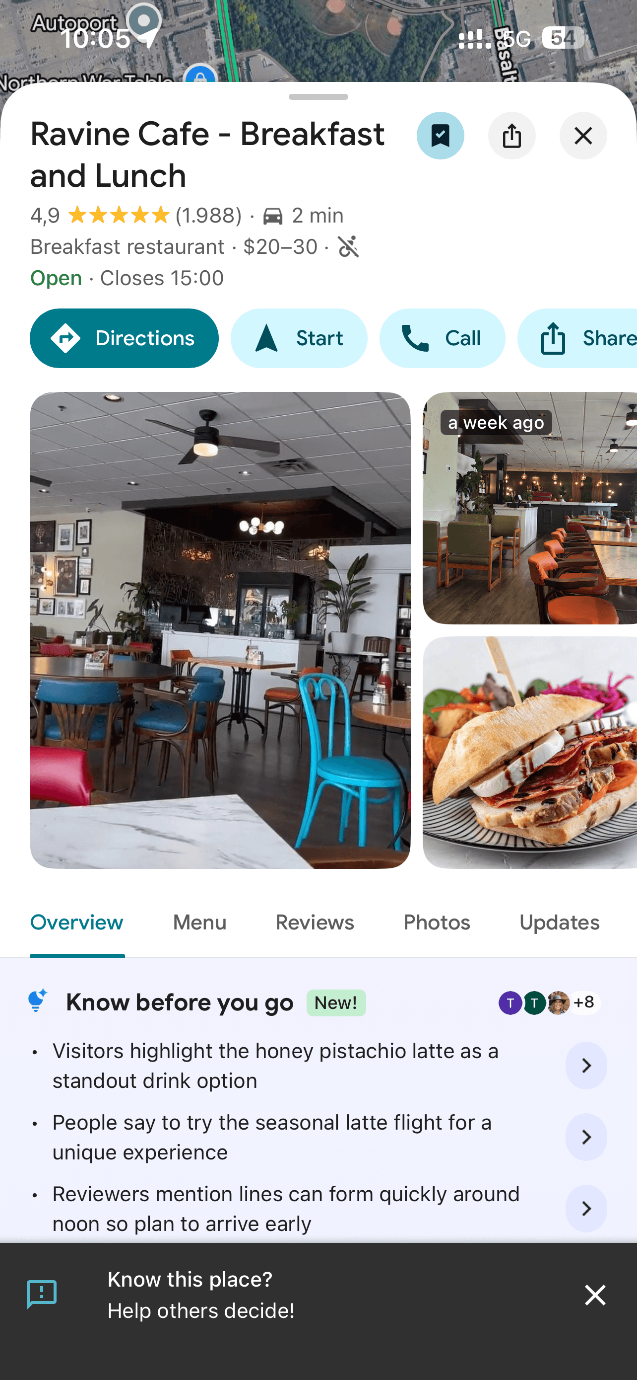 Ravine Cafe Google Maps profile showing a 4.9 rating, 1,988 reviews, café and food photos, visit information and the Know before you go summary.